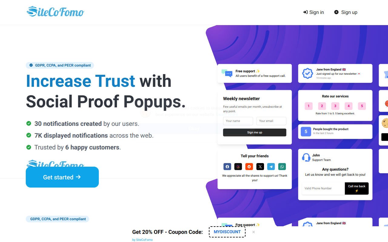 Screenshot of SiteCoFomo: Boost Conversions with Dynamic Social Proof