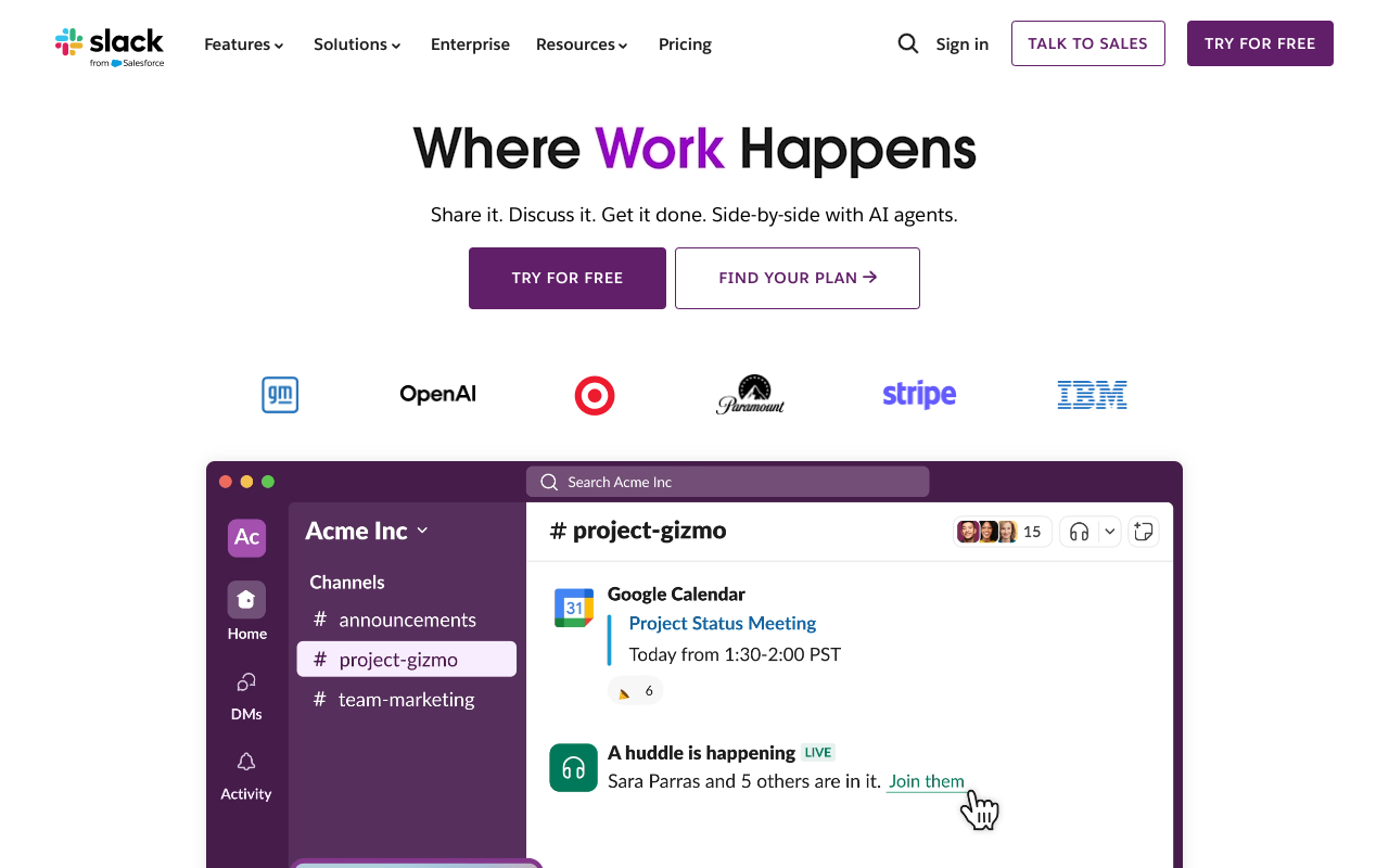 Screenshot of Slack: Your Team's AI-Powered Digital Headquarters